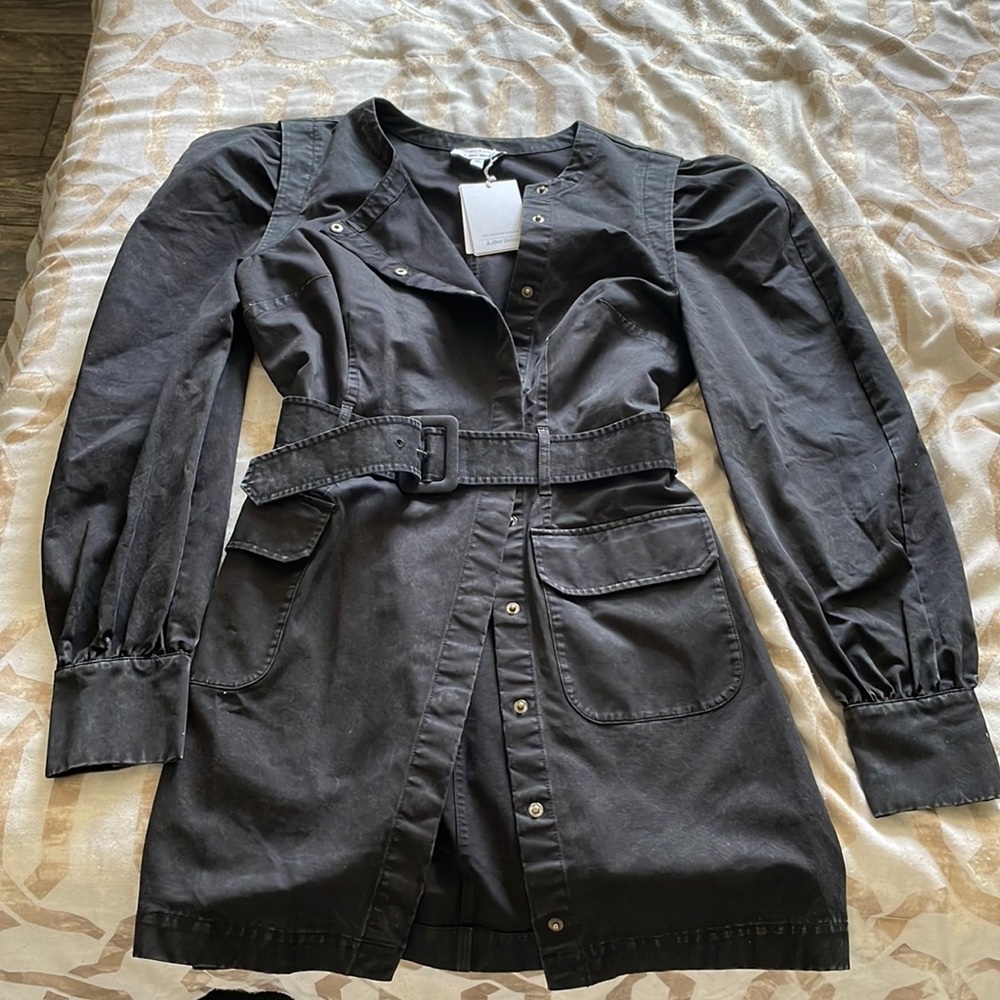 & Other Stories Black Acid Wash Denim Belted Long Puff Sleeve Mini Dress US 6